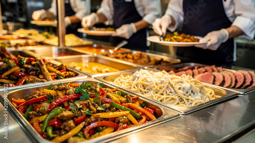 Close-up of a vibrant buffet with diverse dishes like pasta, roasted meat, and stir-fried vegetables, perfect for restaurant menus, catering services and food blogs