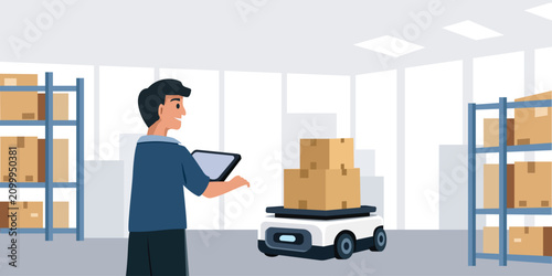 Tableau sur toile Warehouse Automation with Mobile Robot and Worker Illustration