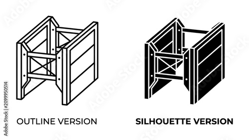 Fotografija Durable Construction Frame: Two contrasting isometric views of a sturdy construction frame, one in outline and the other in silhouette, highlighting its robust design and structural integrity