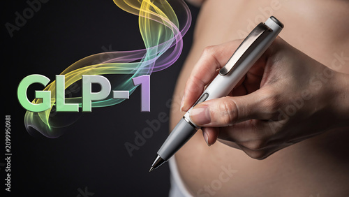 Close-up of hand holding a white GLP-1 injection pen with ethereal light trails, suitable for pharmaceutical advertising, diabetes treatment and medical education