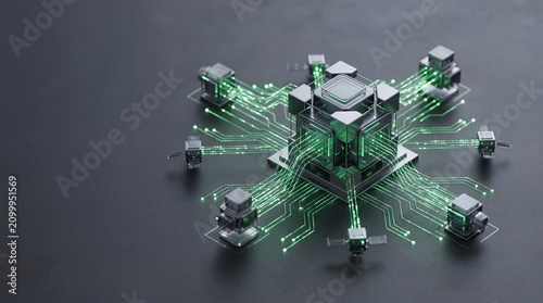 Futuristic microchips connected by glowing circuits, representing advanced technology and innovation.
