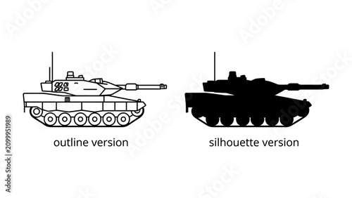 Photos Tank Outline and Silhouette: A side-by-side comparison of a military tank, presented in both a detailed outline drawing and a stark black silhouette, showcasing its formidable design