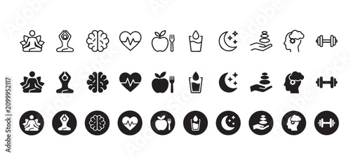 Photography Minimalist wellness icons set, 30 mental health and physical fitness vector symb