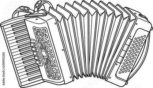 Bilde på lerret Black and white line art illustration of a traditional musical accordion