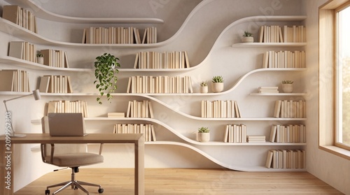 Modern interior design featuring a unique bookshelf and a cozy workspace with natural light and green plant accents.