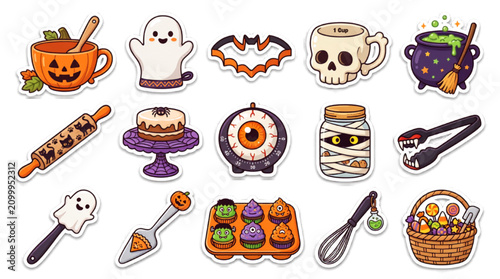 Halloween Baking and Kitchen Objects Collection Cartoon Vector Isolated on Transparent Background Festive Set