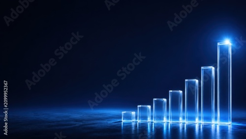 Transparent Glass Growth Bar Chart with Blue Glow on Dark Copy Space Background