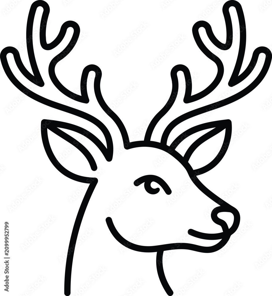Naklejka premium Minimalist outline icon of a deer head with large antlers.