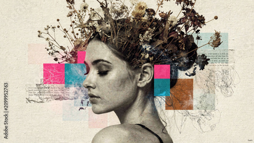 Collage portrait of a serene woman adorned with dried flowers and abstract shapes, ideal for lifestyle blogs, artistic concept art and beauty advertisements