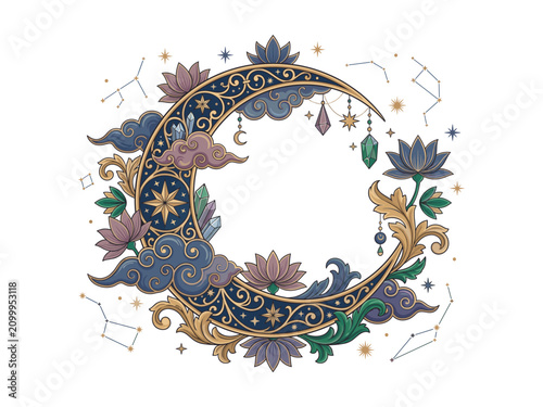 Luna Moon Celestial Crystal Vector Illustration, Mystic Lotus Flower Wreath Template