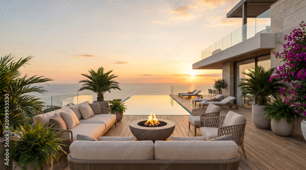 Fototapeta premium Seaside luxury patio with modern furniture enjoys a warm fire pit during sunset.