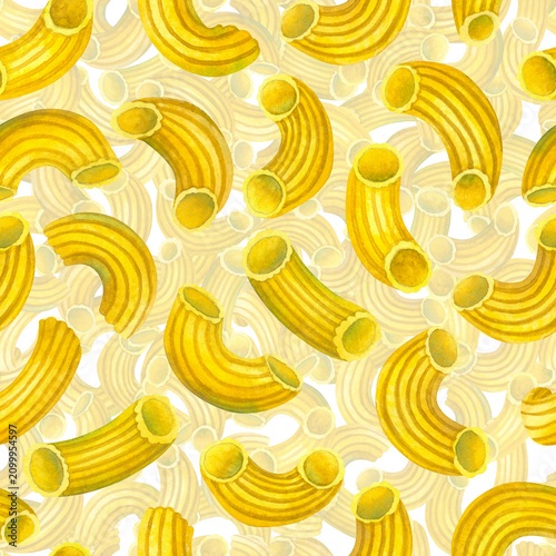 Watercolor chifferi macaroni pasta seamless pattern. Hand drawn background for italian food menu, fabric design, food packaging, textile, kitchen wallpaper and recipe book design.