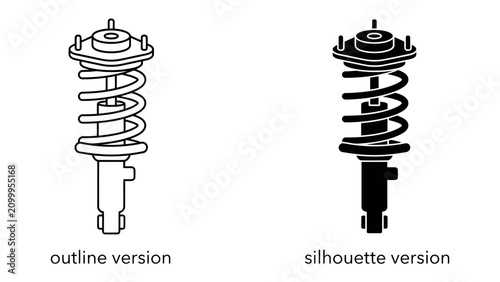 Cuadro en lienzo Car Shock Absorber Design: Two illustrations of a car shock absorber, one in outline and one in silhouette, showcasing its mechanical components