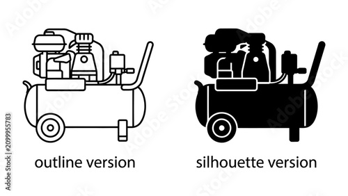 Air Compressor Outline and Silhouette: A versatile graphic resource showcasing an air compressor in both outline and silhouette versions, perfect for industrial or technical illustrations.