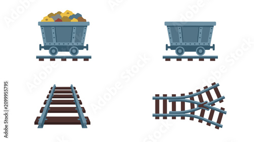 Set of four mining cart and rail icons flat color, including ore cart full, empty mine cart, rail track section, and rail switch junction