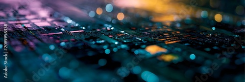 Gros plan d'un circuit imprimé futuriste lumineux, fond abstrait pour concepts technologiques, cybersécurité et intelligence artificielle
