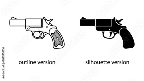 фотографія Outline and Silhouette Revolver: A graphic illustration presenting a vintage revolver in both an outline and a solid silhouette version, showcasing its design elements
