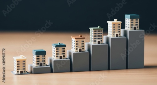 Miniature Office Buildings Arranged on Growth Chart Bars Representing Real Estate Investment and Market Trends