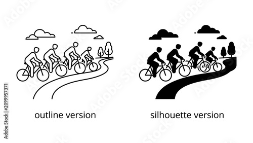 Fotografía Cycling Group on Winding Road: Two illustrative styles, outline and silhouette, depict a group of cyclists on a winding road, highlighting the dynamic movement and camaraderie of the sport