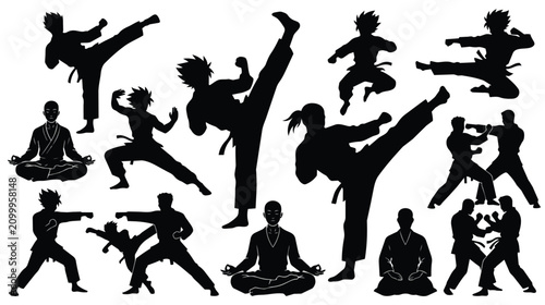 Foto Martial arts silhouettes set, karate and taekwondo fighter poses, black vector i