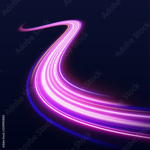 Blue laser waves flow across a dark urban highway. Bright reflections and motion trails create futuristic traffic energy. Vector illustration style.