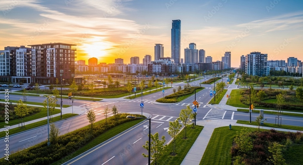 Fototapeta premium Modern residential city development at sunset with a vast skyline and intersecting roads