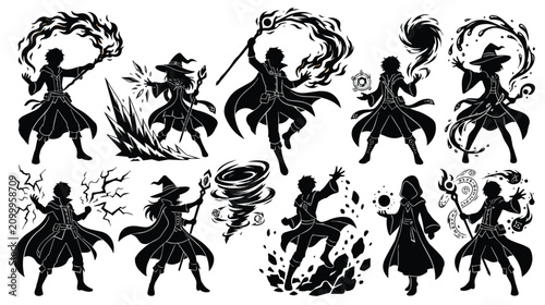 Bilde på lerret Fantasy wizard silhouettes casting magic spells, set of 10 sorcerer and witch ch