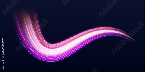 Bright neon ribbons sweep through a dark futuristic environment. Smooth glowing curves create digital motion. Perfect for technology illustrations.