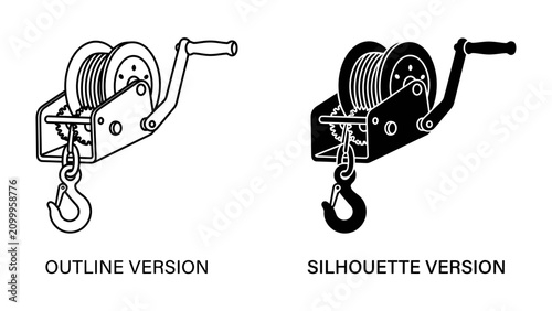 Foto Winch Illustration: A dual graphic showcasing an outline and silhouette version of a manual winch with a hook, ideal for technical diagrams and design elements