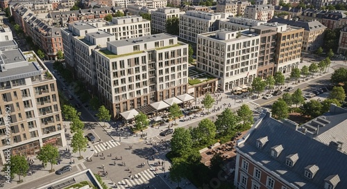 Modern urban renewal district with contemporary architecture, pedestrian activity, and street-level commerce