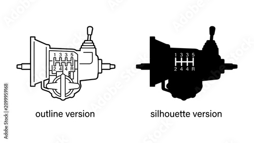 Fotografie Manual Transmission Gearbox: A comparative depiction of a manual gearbox, showcasing both an outline and a silhouette version, illustrating its internal gears and shifting mechanism