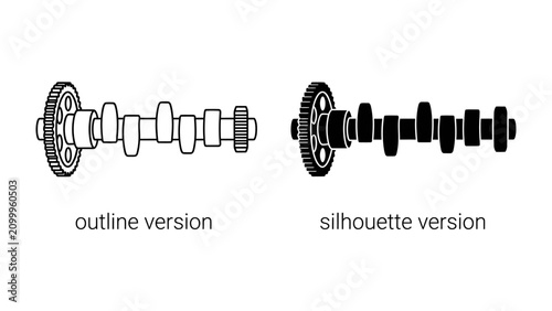 Foto Engine Crankshaft Design: Two renderings of a mechanical engine crankshaft, one in outline and the other in silhouette, showcasing its complex internal structure and components