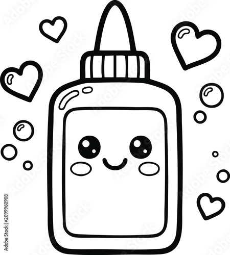 Cute glue bottle character with hearts and bubbles black and white line art illustration