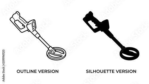 Konstfotografi Metal Detector Outline and Silhouette: A clean, graphic representation of a metal detector shown in two distinct styles: a simple outline and a solid silhouette