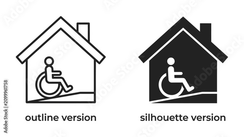 Accessible Home Icon: Two icons depicting a house with a ramp and a person in a wheelchair, representing accessibility and inclusion for disabled individuals. One is an outline.