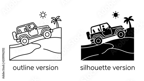 Fotografie Off-road adventure: Two versions, an outline and a silhouette, depict an off-road vehicle climbing a steep sandy dune under a bright sun with a palm tree in the background
