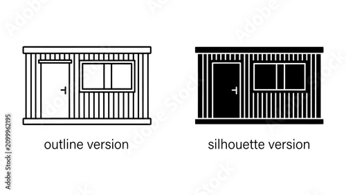 Portable Cabin Outline and Silhouette: Two simplified representations of a portable cabin, one as a clean outline and the other as a solid silhouette, ideal for construction, temporary housing.