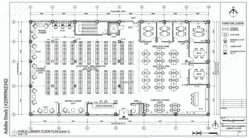 Tableau sur toile Detailed architectural floor plan of a public library with furniture legend