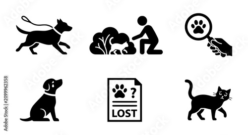 Foto Lost pet icon set, 6 black vector silhouettes for missing dog and cat search, an