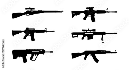 Cuadro en lienzo Military rifle silhouettes vector set, tactical assault weapons collection, 6 fi