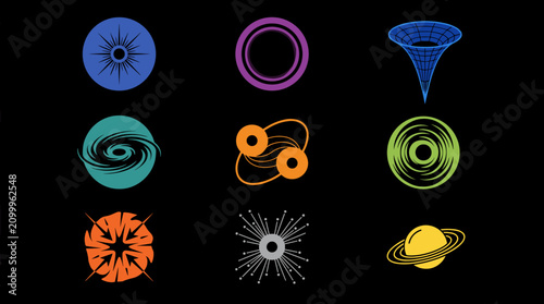 Flat color icons sheet of 9 futuristic singularity and event horizon symbols, arranged in a 3x3 grid, abstract science and cosmos elements
