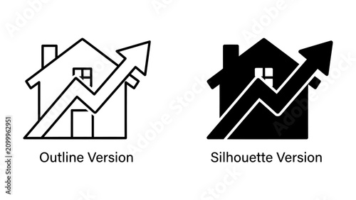 Quadro su tela Real Estate Growth Icons: A set of graphic icons representing a house with an upward trending arrow, signifying growth and investment in the real estate market