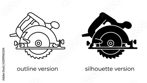 Foto Circular Saw Outline and Silhouette: A precise outline and a solid silhouette of a circular saw, showcasing its sharp blade and powerful design, ideal for tools and construction themes