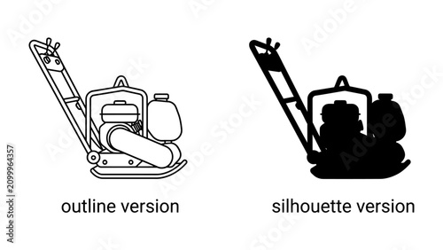 Tablou pe pânză Compaction Equipment: Two distinct graphic representations, an outline and a silhouette, showcase a plate compactor, a machine essential for construction and roadwork