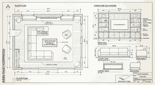Tableau sur toile Living room floor plan and furniture elevations with detailed dimensions