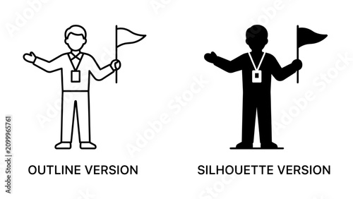 Tour Guide Icon: Two icon representations of a tour guide, one in outline and one in silhouette, both holding a flag and badge, ready to lead.