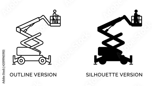 Принти на полотні Scissor Lift Icons: Two distinct icons representing a scissor lift, one in an outline version and the other as a solid silhouette, showcasing versatility in design for various applications