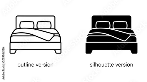 Quadro su tela Double Bed Icon: A simple line drawing and silhouette graphic of a double bed with pillows and a folded blanket, representing comfort and rest
