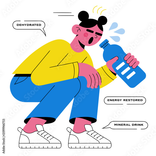 Exhausted boy drinks water from bottle, gaining energy and quenching thirst with mineral drink. Child suffering from lack of water feels relief when receives enough fluid to restore ... See More
