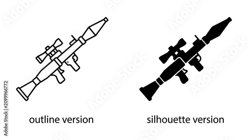 Tableau sur toile Rocket-Propelled Grenade Launcher Icon: A graphic representation of an RPG launcher, presented in both outline and silhouette versions, ideal for conceptual or technical designs